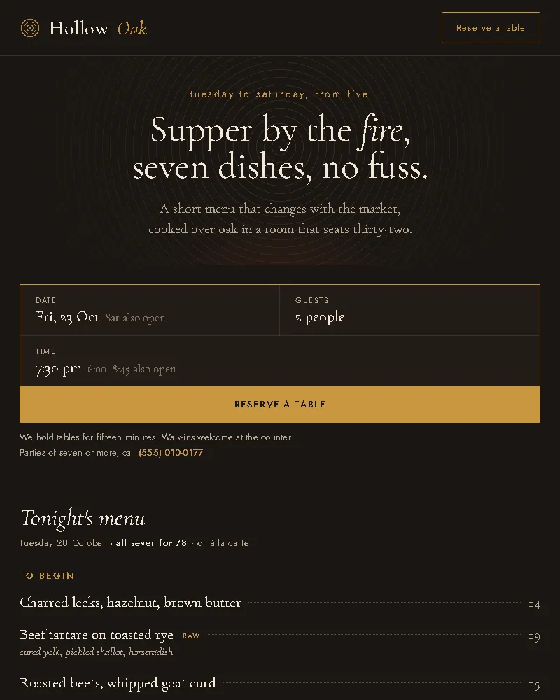 Restaurant site with an easy-to-read menu and table reservations (website sample, phone view)