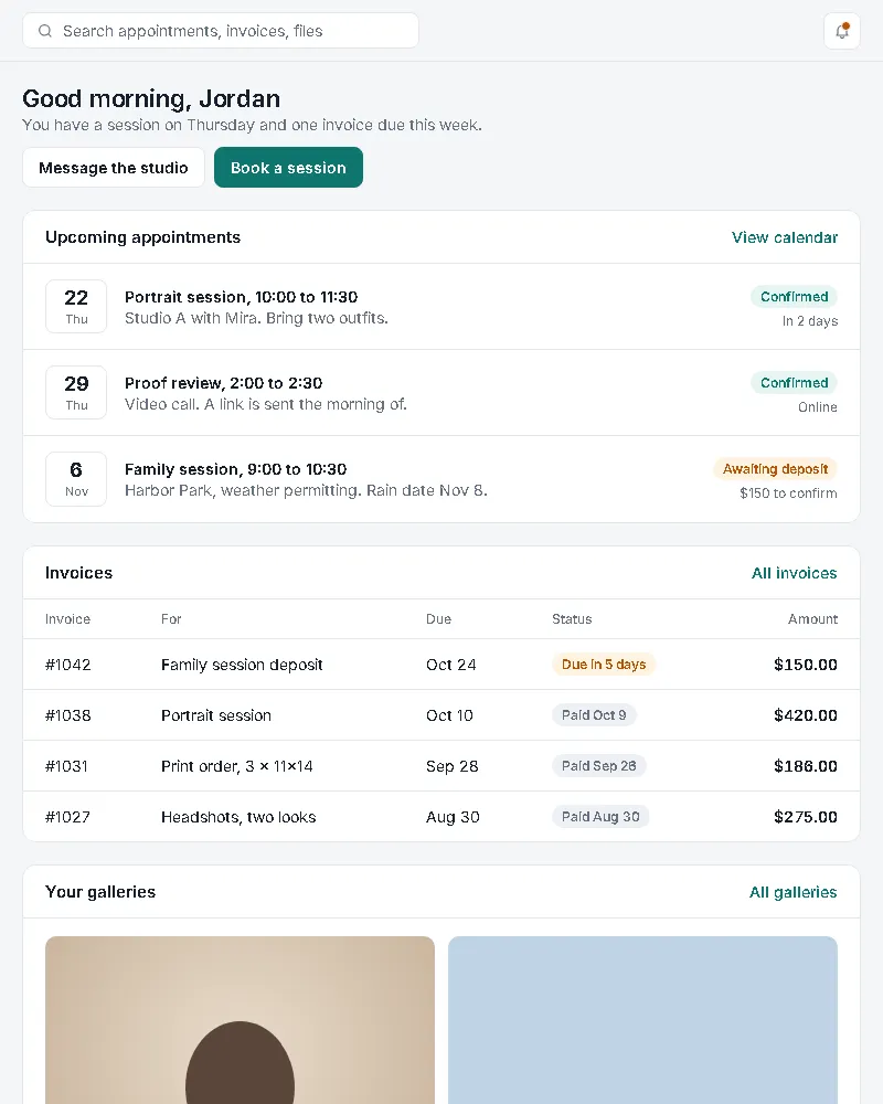 Client portal: appointments, invoices and messages in one place (web app sample, phone view)