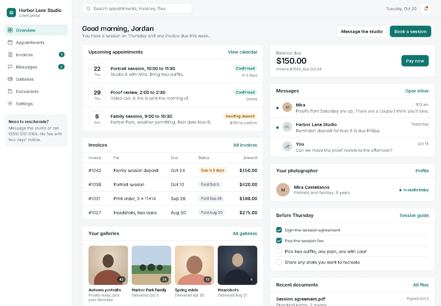 Client portal: appointments, invoices and messages in one place (web app sample, desktop view)