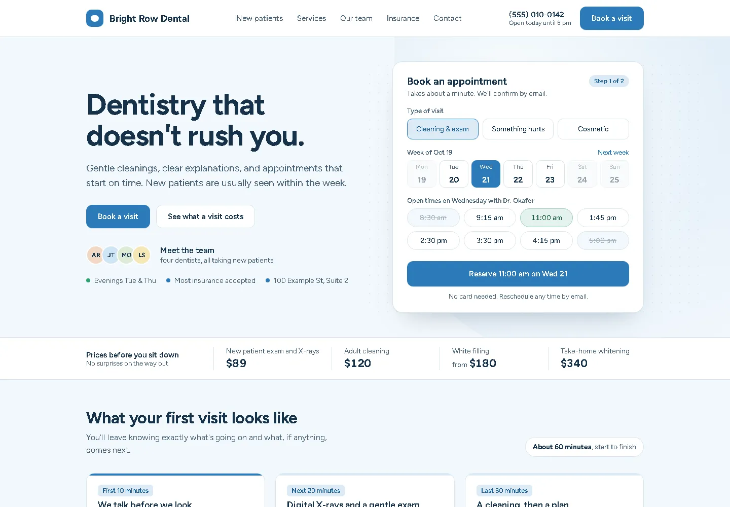Calm dental clinic site with a quick booking form (website sample, desktop view)