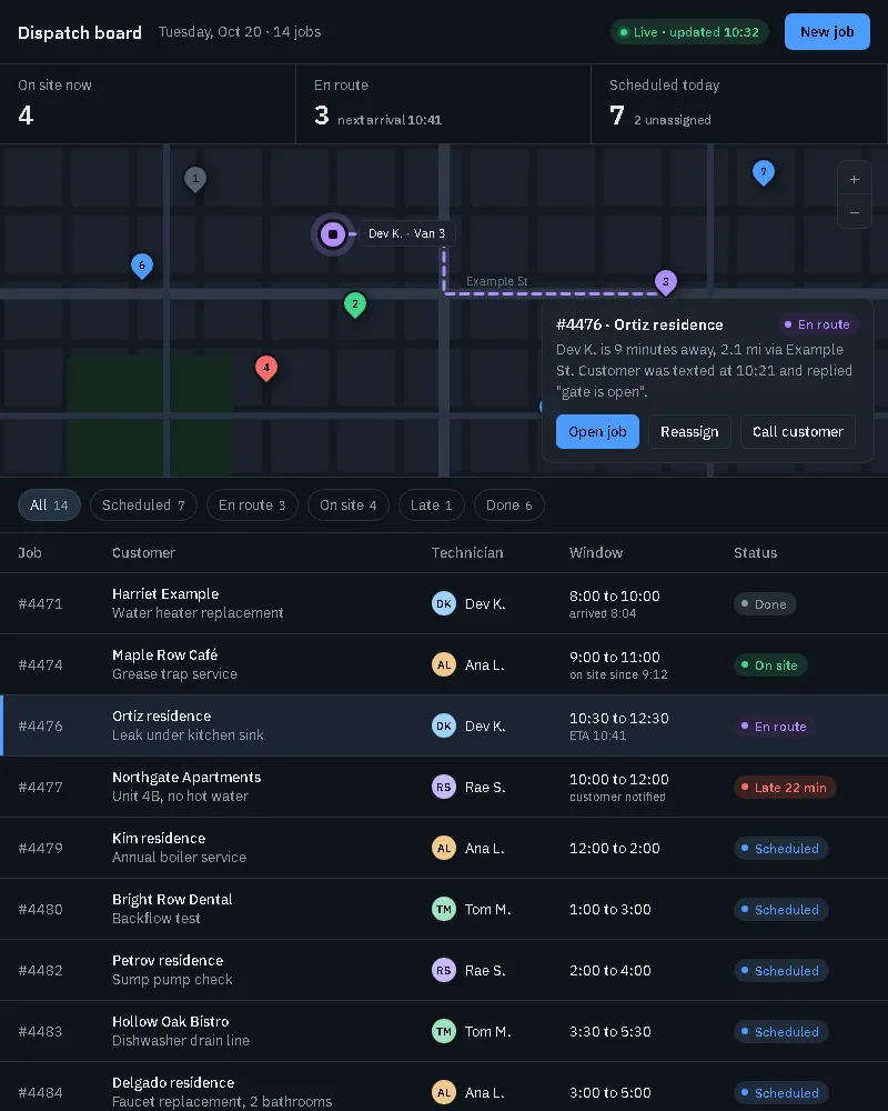 Dispatch board: every job, crew and location on one screen (web app sample, phone view)