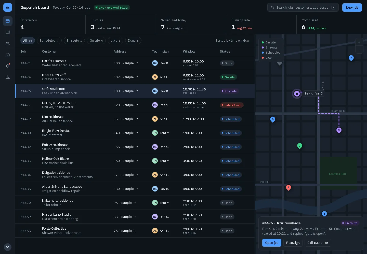 Dispatch board: every job, crew and location on one screen (web app sample, desktop view)