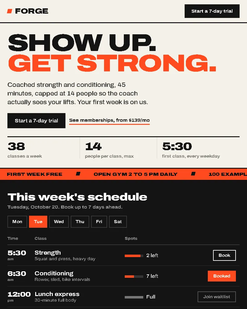 Bold gym site with a class schedule you can book from (website sample, phone view)