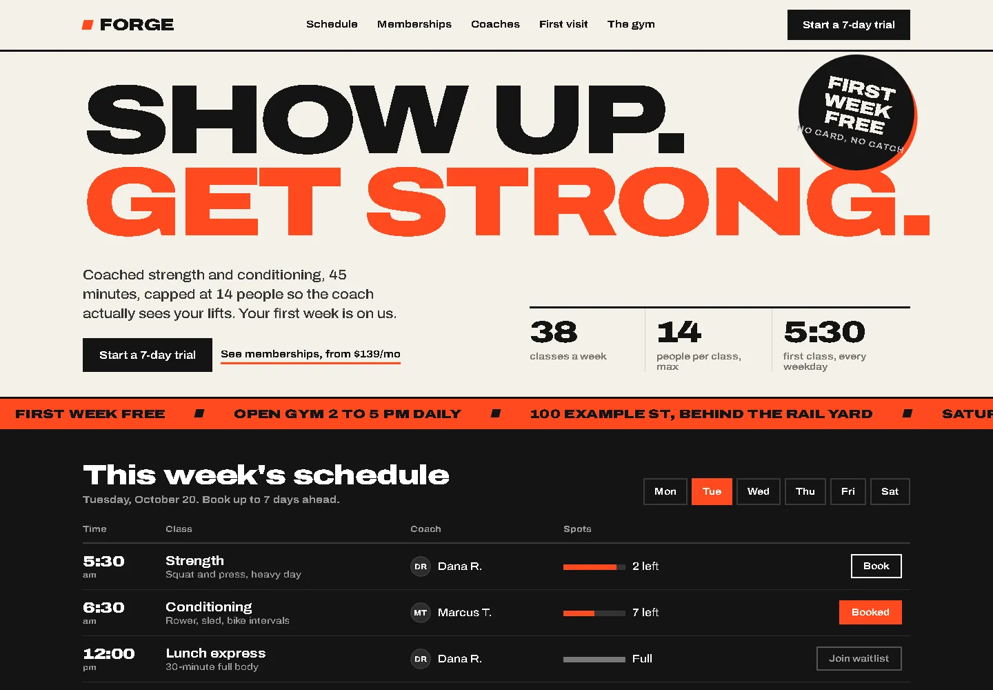Bold gym site with a class schedule you can book from (website sample, desktop view)