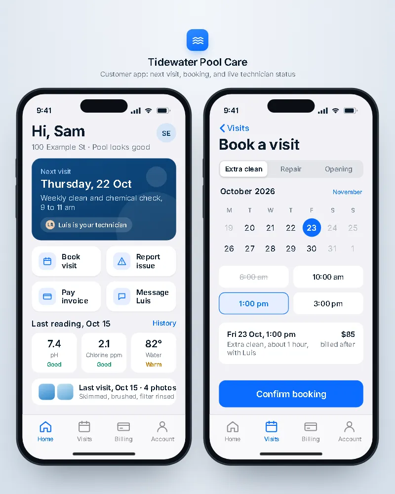 Customer app for booking, bills and service updates (iPhone app sample, phone view)