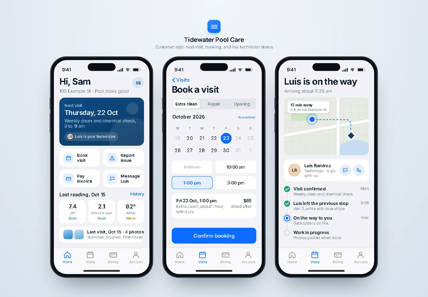 Customer app for booking, bills and service updates (iPhone app sample, desktop view)