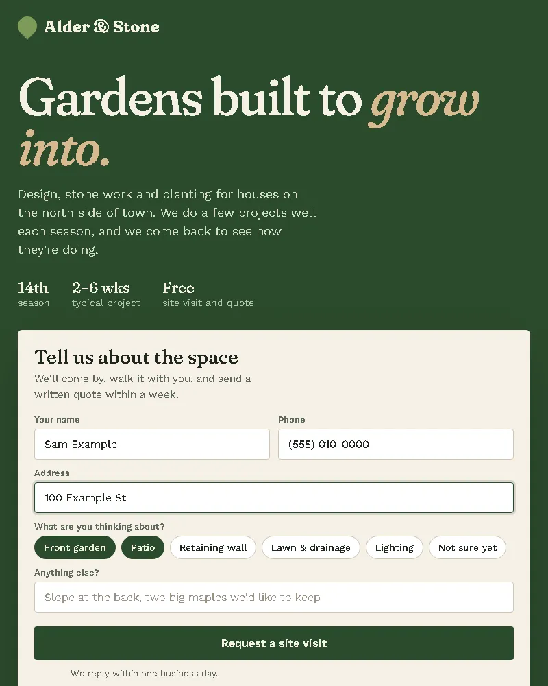 Landscaper's site with recent work and a quote form up front (website sample, phone view)