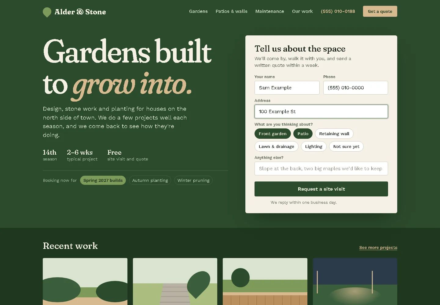Landscaper's site with recent work and a quote form up front (website sample, desktop view)