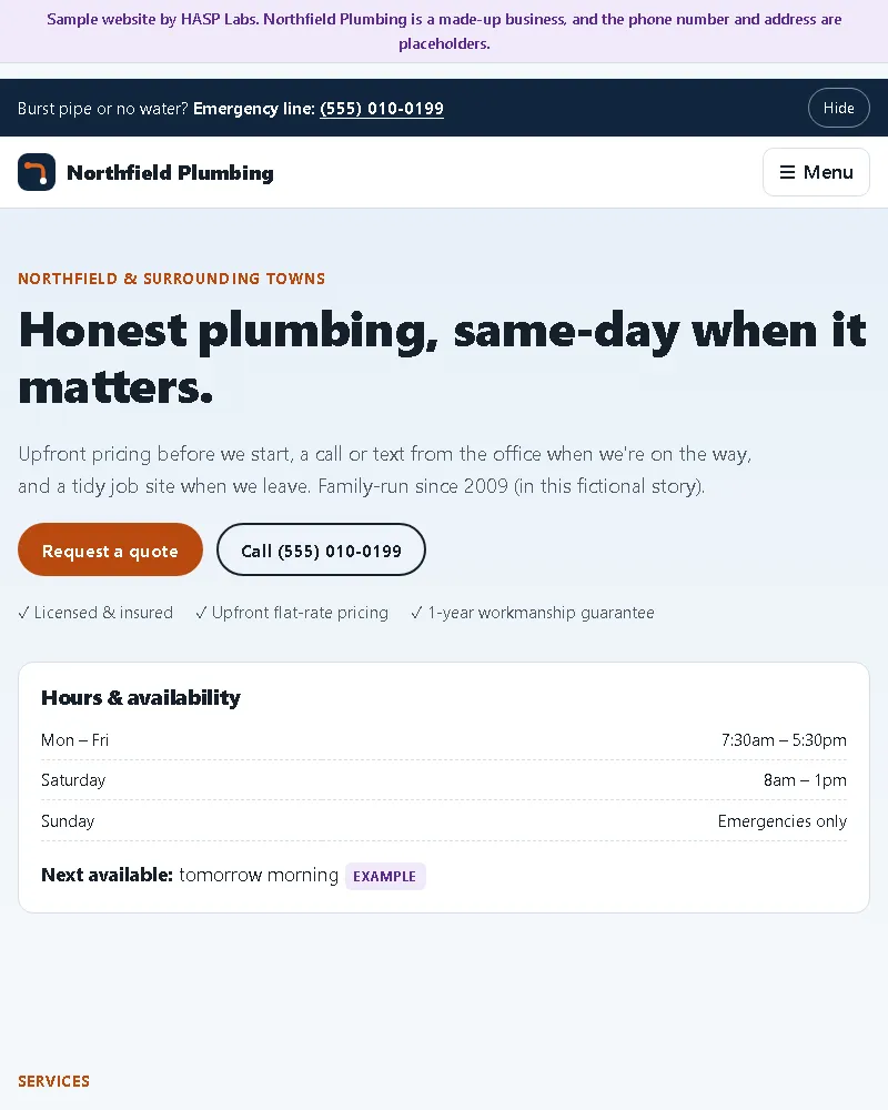 Plumber's site with hours, an emergency number and the quote request add-on (website sample, phone view)