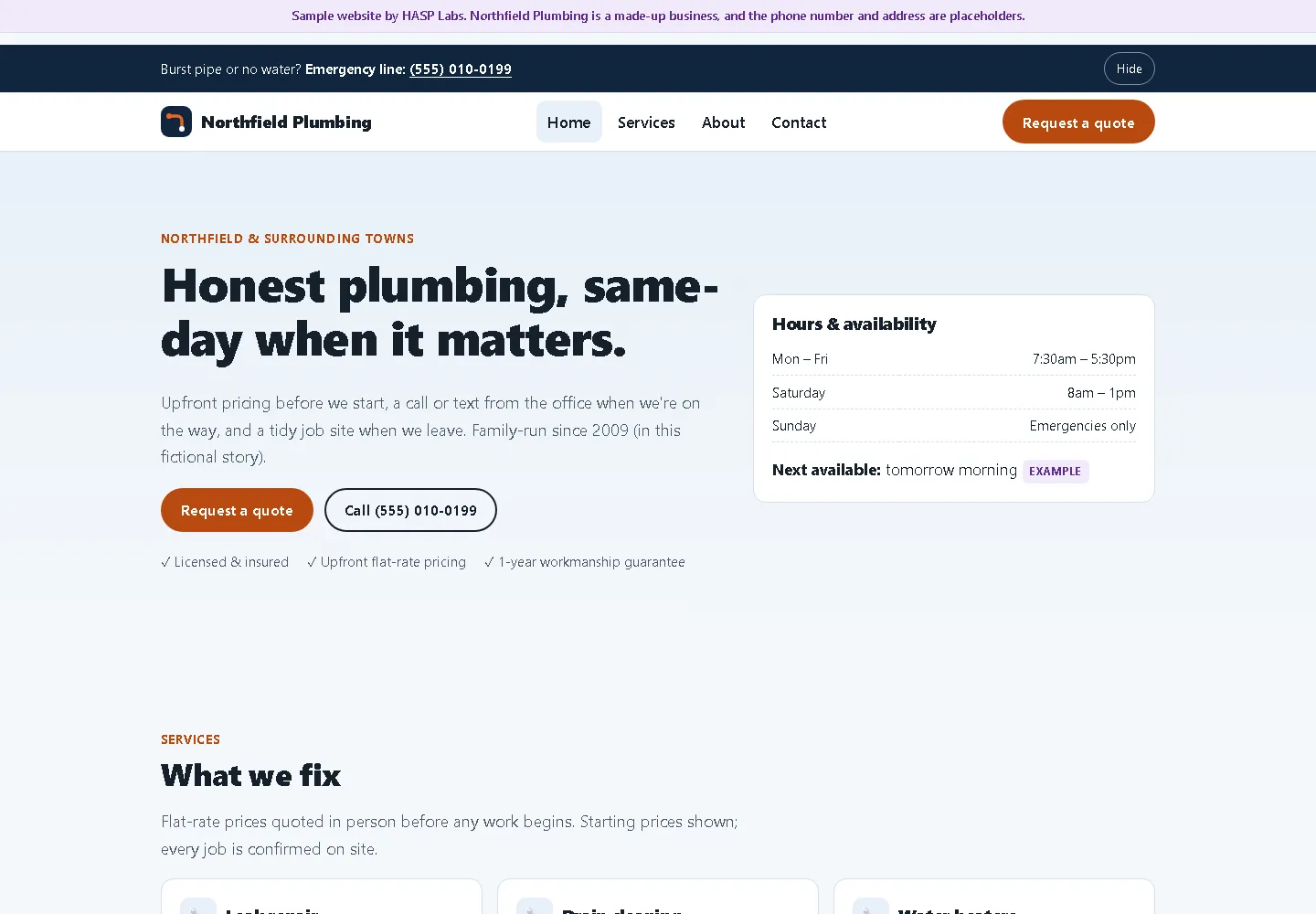 Plumber's site with hours, an emergency number and the quote request add-on (website sample, desktop view)